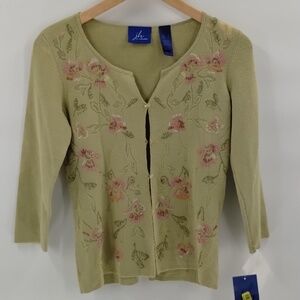 JH Collection green fairy small embroidered boho belly knit sweater cardigan